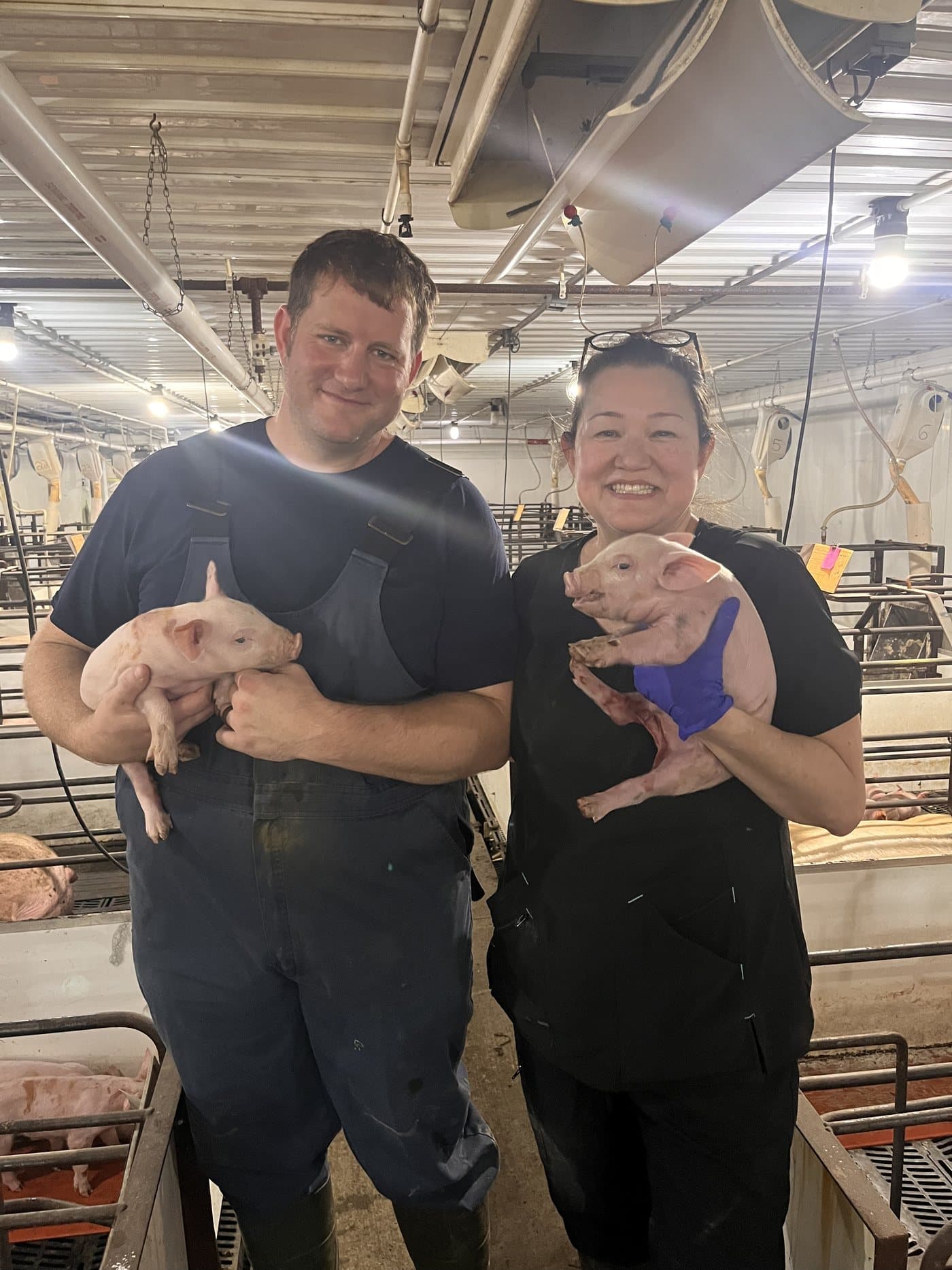 Nutt Bio co-founders Leta Nutt and Seth Krantz in a barn, each holding a piglet.